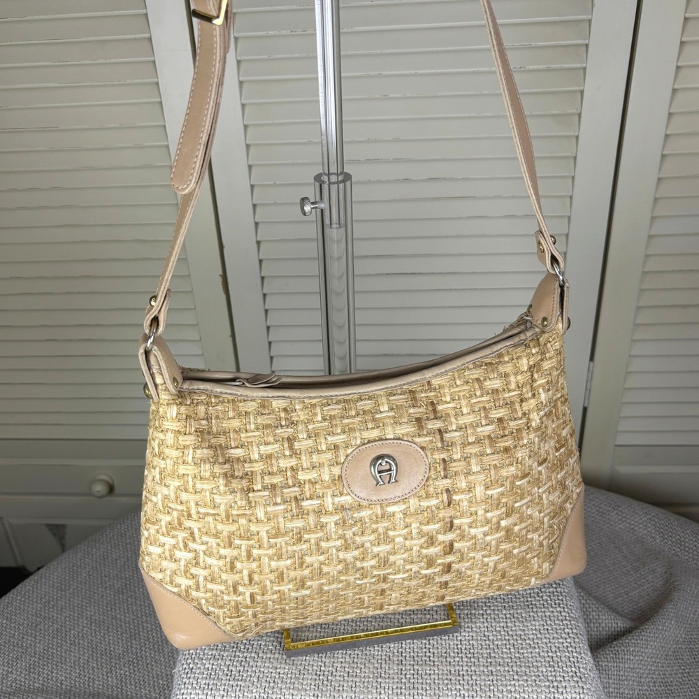Vintage Etienne Aigner Tan Woven Straw Leather Trim Shoulder Bag Classic Purse